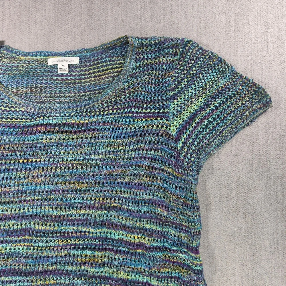 John Paul Richard Knit Top Womens XL Blue Space Dye Fringe Boho Short Sleeve